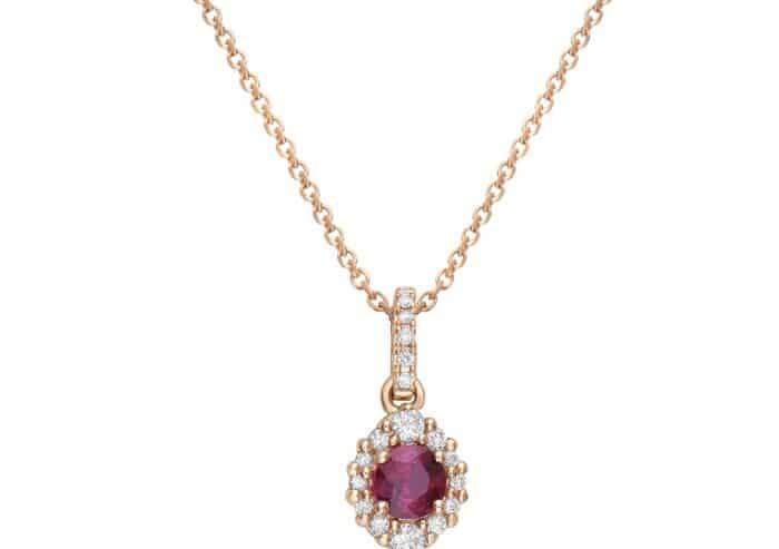 Rose Gold Ruby and 1/10ctw Rose Gold Diamond Halo Pendant | Van Gundys Diamonds