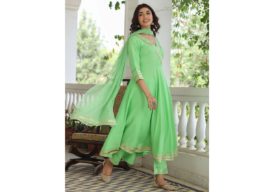 Rayon Solid Green Gota Embellished Anrakali Kurta Set with Dupatta | Jaipur Kurti