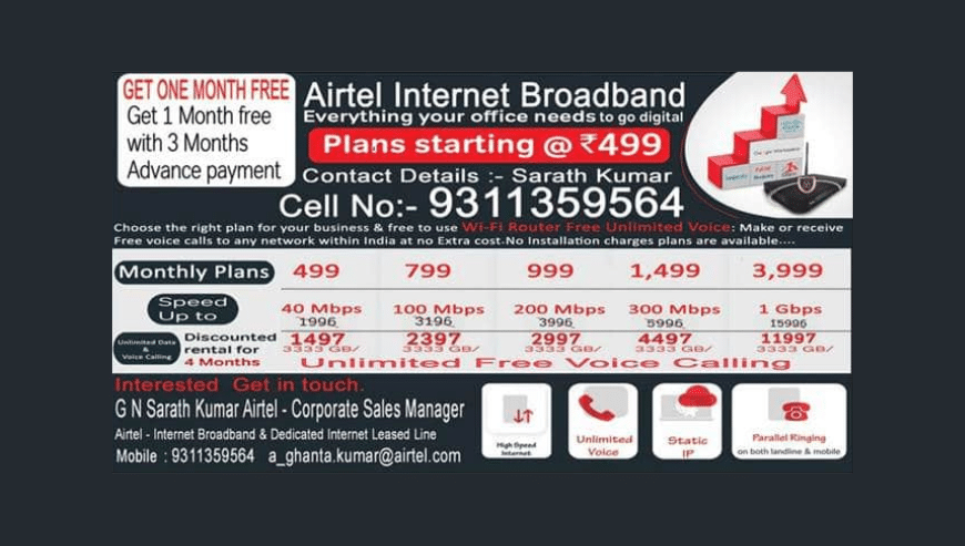 Airtel Internet Broadband For Commercial Plans B2B – Corporate Connectivity Office / Business / Shops