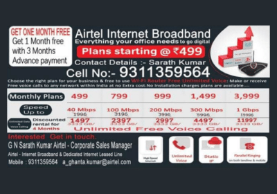 Airtel Internet Broadband at 499 and Get Free 1 Month in Hyderabad