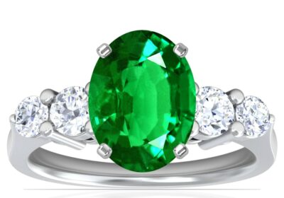 Prong 14k White Gold Oval Emerald Engagement Ring For Sale | GemsNY