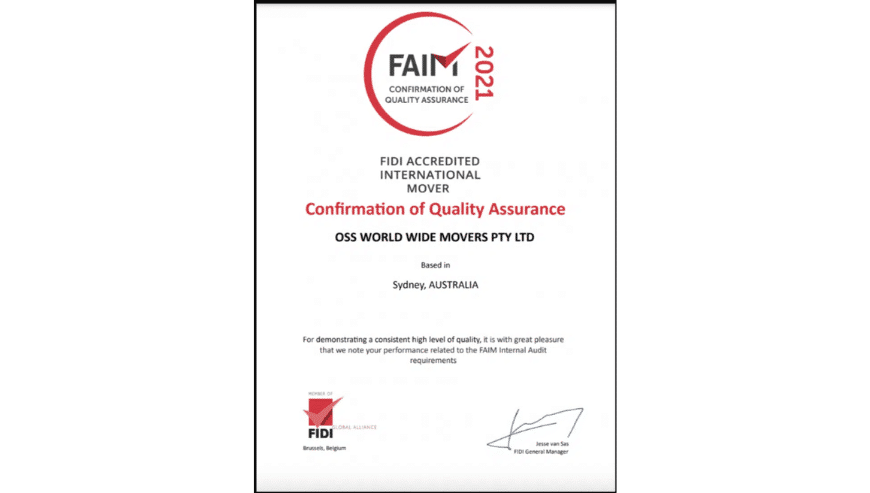 FIDI Awards Confirmation of Quality Assurance Certificate to OSS World Wide Movers