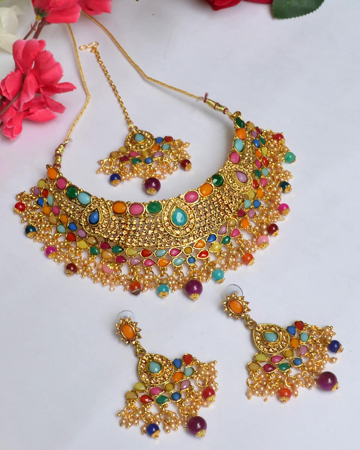 Shop Gold Tone Necklace Set Adorned with Multi Colored Stone | Indian Jewels