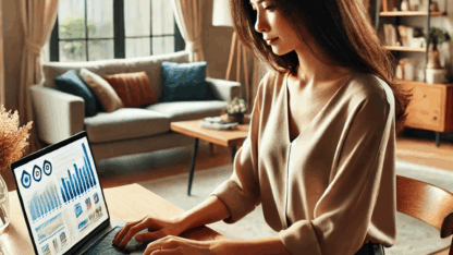 DALL·E-2025-02-25-15.11.39-A-woman-working-on-digital-marketing-from-her-laptop-at-home.-She-is-sitting-at-a-wooden-desk-with-a-modern-laptop-displaying-graphs-analytics-and-s