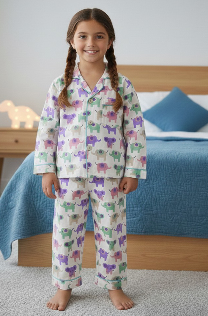 Girls Organic Cotton Night suit – Multicolor Elephant Print